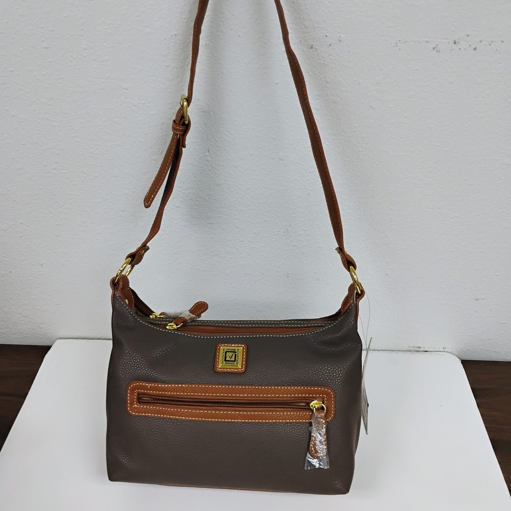 Dark Brown Leather Shoulder Bag with Adjustable Strap and Gold Hardware
